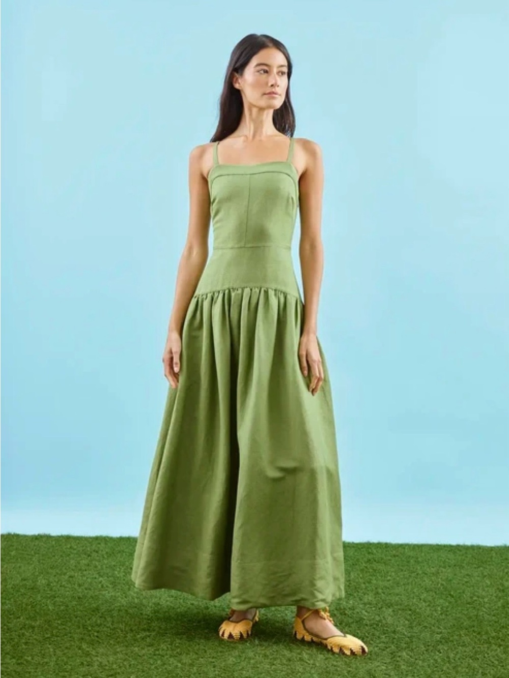 HUNTER BELL Olive Green Square-Neck Maxi Dress